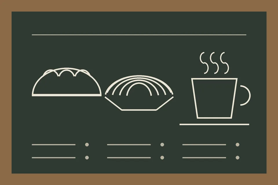 Illustration of a chalkboard menu with a round loaf, a croissant and a cup drawn in chalk lines